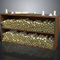 Wooden Bookshelf Display With Scrolls And White Animal Statues Collection