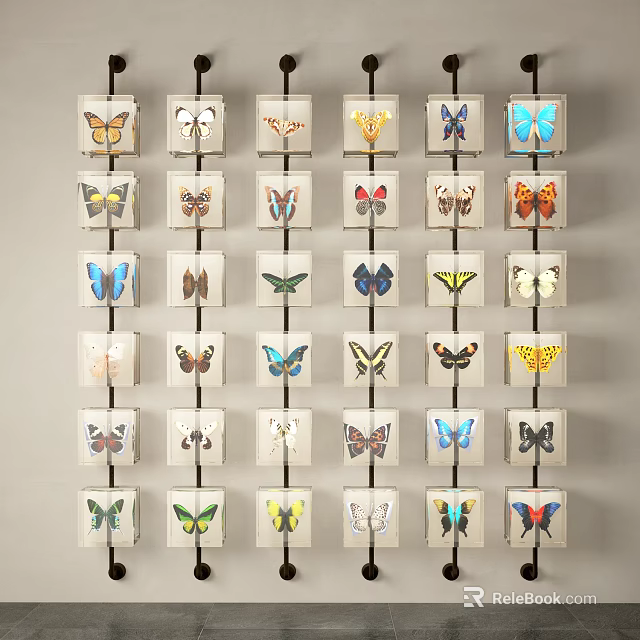 Animal Wall Decor with Framed Butterfly Specimens in Grid Arrangement 3d model 