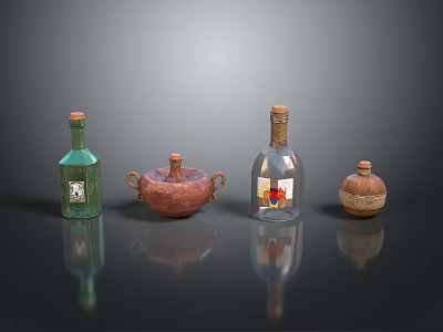 Decorative Glass And Ceramic Bottles With Painted Designs On Black Reflective Surface 3d model