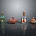 Decorative Glass And Ceramic Bottles With Painted Designs On Black Reflective Surface