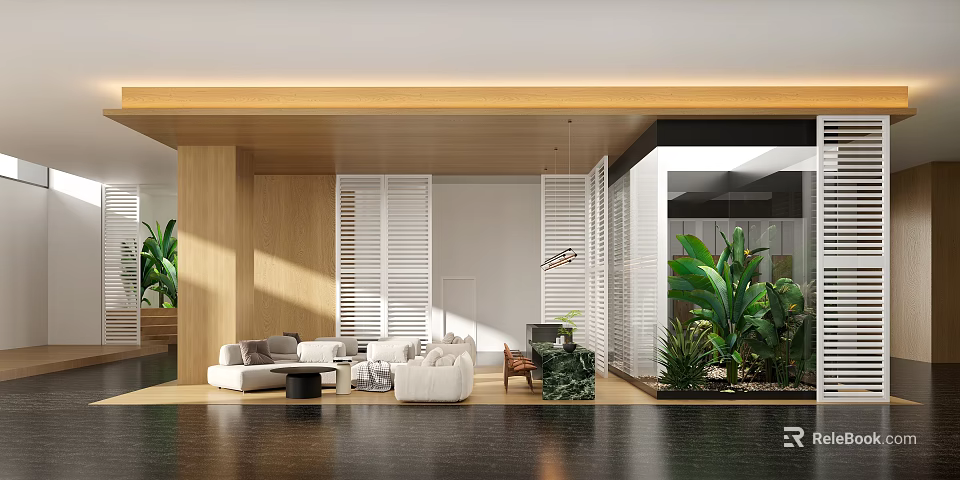 Modern Lounge Area With Wooden Accents Louvered Partitions White Sofas And Green Plants 3d model 