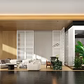 Modern Lounge Area With Wooden Accents Louvered Partitions White Sofas And Green Plants