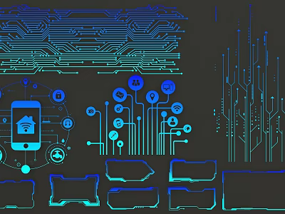 Blue Tech Lines Forming Circuit Board Smartphone And Connected Icons Design 3d model