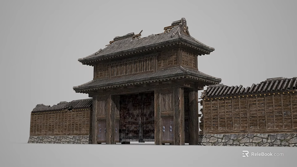 Traditional Chinese Architecture Mall Store Entrance With Wooden Gate Tile Roof And Stone Wall Design 3d model 