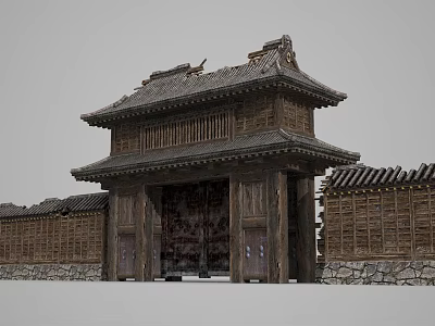 Traditional Chinese Architecture Mall Store Entrance With Wooden Gate Tile Roof And Stone Wall Design 3d model