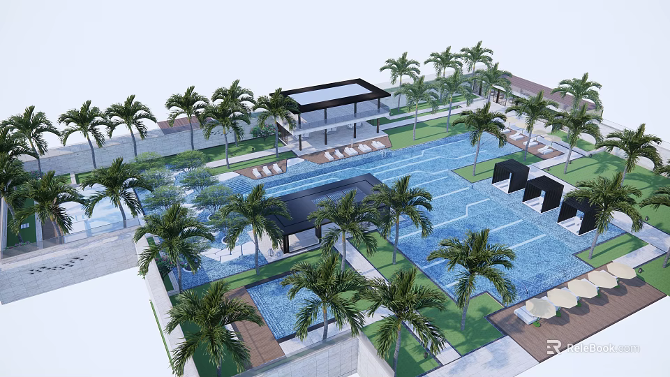 Luxury Swimming Pool Area With Palm Trees Modern Building And Seating Areas 3d model 
