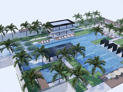 Luxury Swimming Pool Area With Palm Trees Modern Building And Seating Areas 3d model
