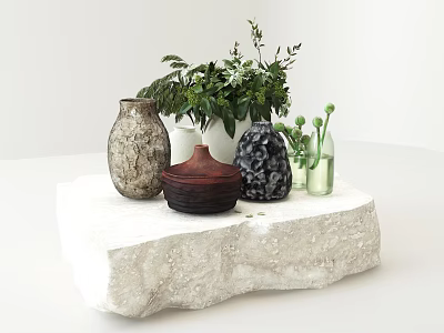 Ceramic Vessels With Various Colors Textures On White Stone Platform Featuring Green Plants Glass Bottles 3d model