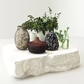 Ceramic Vessels With Various Colors Textures On White Stone Platform Featuring Green Plants Glass Bottles
