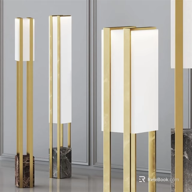 Modern Elegant Floor Lamp With Golden Metal Frame White Lampshade And Marble Base 3d model 