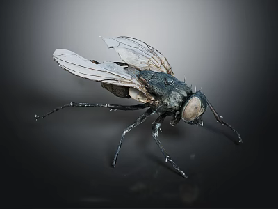 Black Fly With Transparent Wings And Compound Eyes On Smooth Surface 3d model