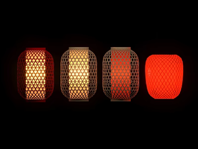 Elegant Pendant Lights With Openwork Patterns And Red Beige Hues Lit Up On Black Background 3d model