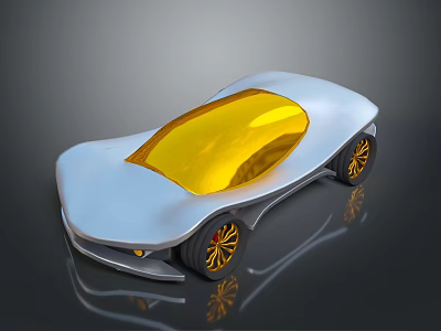 Futuristic Silver Car With Yellow Transparent Roof Gold Wheels And Reflective Surface 3d model