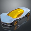 Futuristic Silver Car With Yellow Transparent Roof Gold Wheels And Reflective Surface