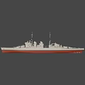 Detailed Warship Model With White Hull Red Bottom And Superstructure Antennas Turrets