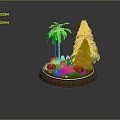 Cartoon Scene Featuring Palm Trees Pine Tree Red Mushroom Characters And Grass On Round Stand
