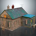 Wooden House With Green Metal Roof Blue Extended Roof Ladder Chimney Satellite Dish Boarded Windows