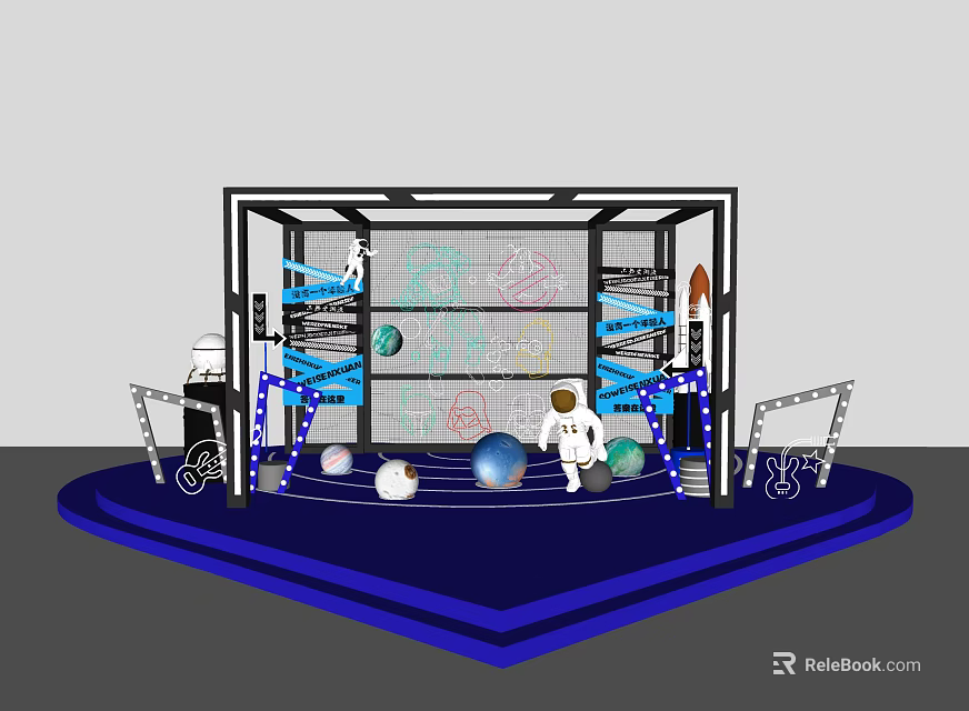 Interactive Exhibition Setup With Frame Structure Astronaut Figure Planet Models And Rocket 3d model