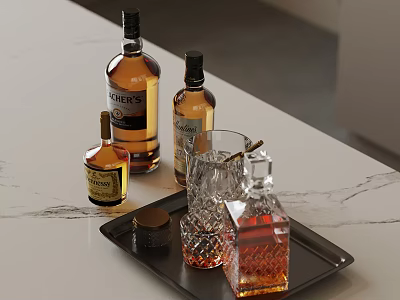 Whiskey Bottles And Crystal Glasses On Black Tray With Marble Countertop 3d model