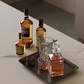 Whiskey Bottles And Crystal Glasses On Black Tray With Marble Countertop