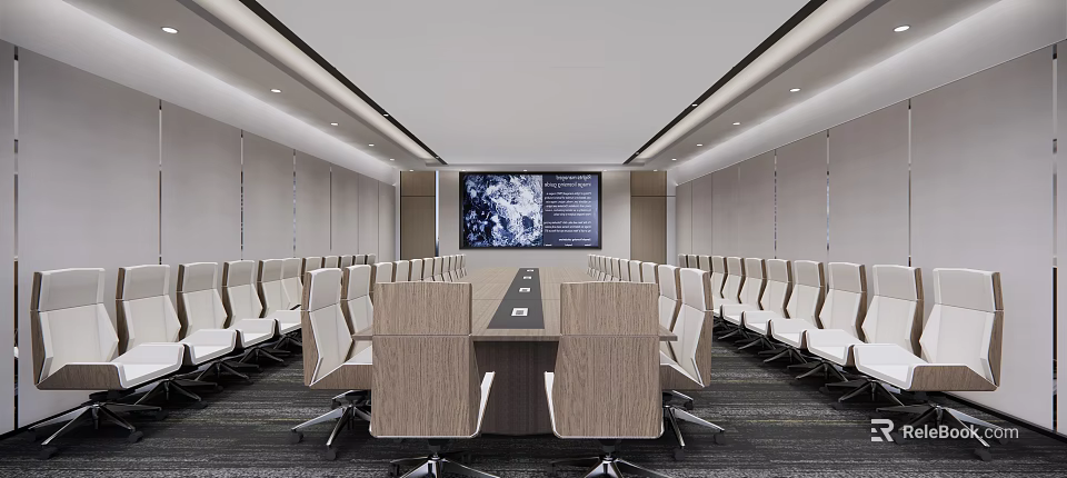 Modern Conference Room Interior With Long Table White Chairs And Large Screen 3d model 