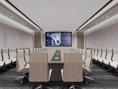 Modern Conference Room Interior With Long Table White Chairs And Large Screen 3d model