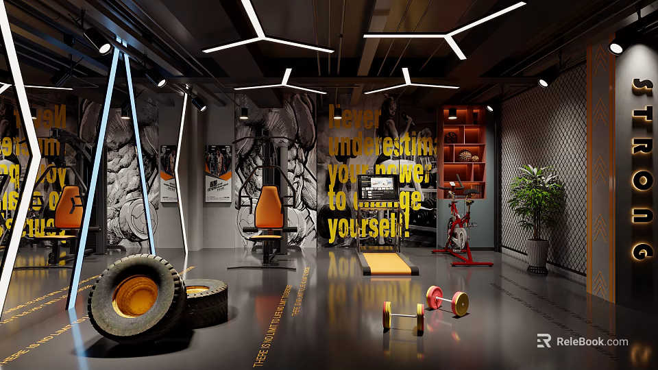 Modern Fitness Gym Interior with Stacked Tires Orange Fitness Chair Dumbbells and Motivational Quotes 3d model 