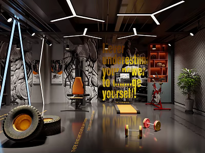 Modern Fitness Gym Interior with Stacked Tires Orange Fitness Chair Dumbbells and Motivational Quotes 3d model