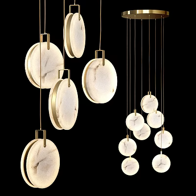 Stylish Modern Circular Pendant Chandeliers With Marble Texture And Golden Frames 3d model