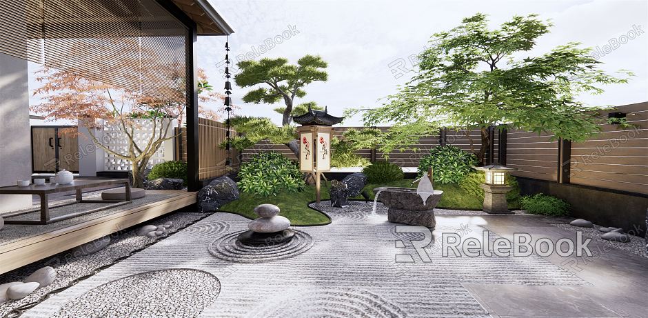 Japanese-style courtyard Zen courtyard landscape dry landscape outdoor tea table and chair tea table stone gardening sketch landscape tree maple pine tree model