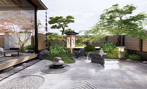 Japanese-style courtyard Zen courtyard landscape dry landscape outdoor tea table and chair tea table stone gardening sketch landscape tree maple pine tree 3d model