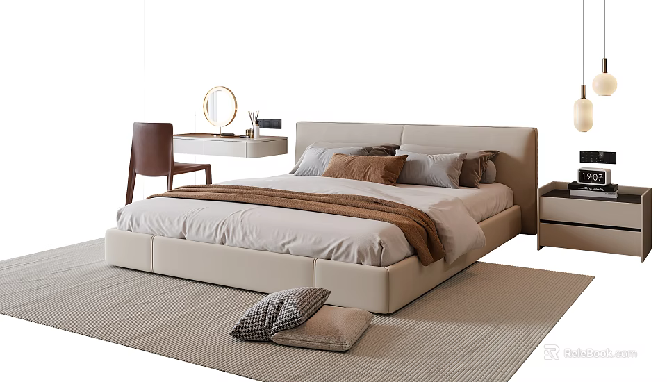 Modern Cream Double Bed with Soft Pillows Brown Blanket Dresser Nightstand Chair and Carpet 3d model 