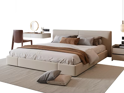 Modern Cream Double Bed with Soft Pillows Brown Blanket Dresser Nightstand Chair and Carpet 3d model