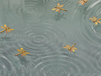 Elegant Water Fountain With Golden Dragonflies And Rippling Water Surface 3d model