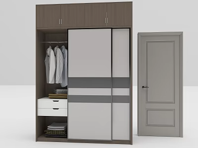Modern Wardrobe With Sliding Doors Hanging Clothes Drawers And Storage Baskets 3d model