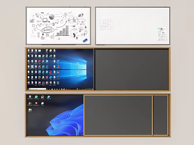 Multiple Display Screens With Hand Drawn Diagrams Windows Desktop Interface And Dark Background 3d model