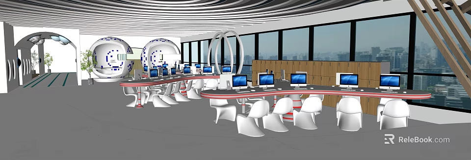 Modern Public Office Space With Round Tables Computers And White Chairs 3d model