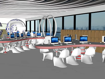 Modern Public Office Space With Round Tables Computers And White Chairs 3d model