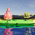 SpongeBob SquarePants And Patrick Star On Inflatable Raft With Water Reflection And Mountains 3d model