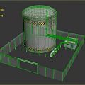 Cylindrical Industrial Tank With Yellow Black Warning Stripes Surrounded By White Fence And Small Building
