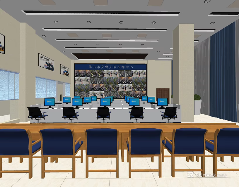 Monitoring Room Interior Design With Rows Of Control Desks And Surveillance Monitors 3d model 