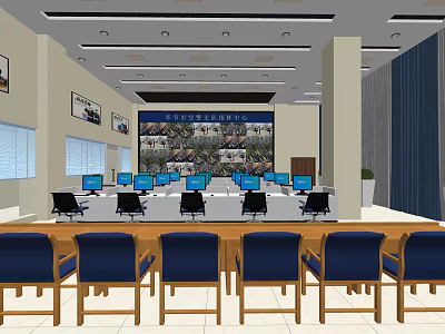 Monitoring Room Interior Design With Rows Of Control Desks And Surveillance Monitors 3d model
