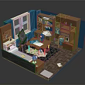 Study Room Interior Design With Wooden Desk Bookshelf Blackboard And Window