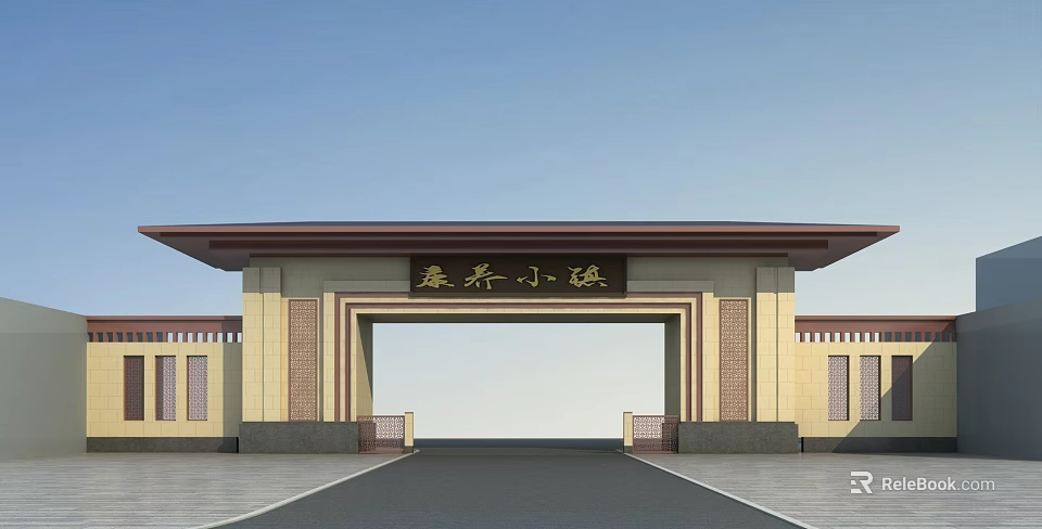 Qinqi Town Chinese Traditional Entrance Gate With Classic Roof And Pillars Design 3d model 