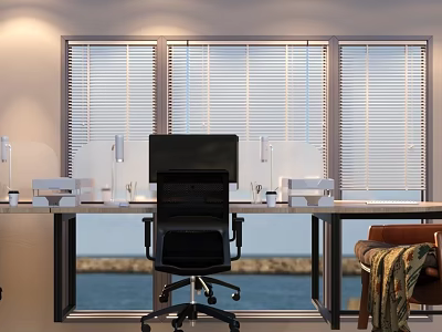 Computer Monitor Setup in Office Workspace with Black Chair Blind Windows and Seaview 3d model