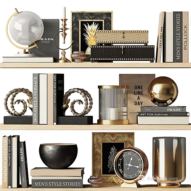 Decorative Ornament Set with Globe Books Sculptures Vases and Gold Black Accents on Shelves 3d model 