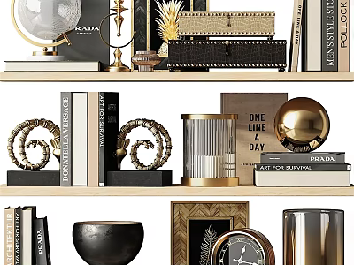 Decorative Ornament Set with Globe Books Sculptures Vases and Gold Black Accents on Shelves 3d model