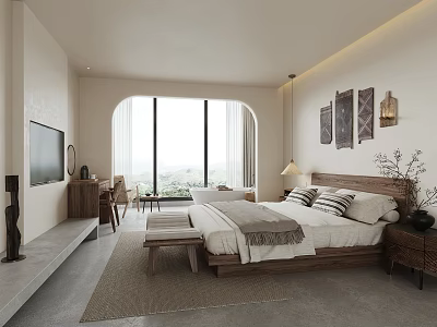 Modern Hotel Room Interior With Arched Window Scenic View Wooden Bed Decorative Paintings And Linen Bedding 3d model