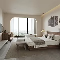 Modern Hotel Room Interior With Arched Window Scenic View Wooden Bed Decorative Paintings And Linen Bedding