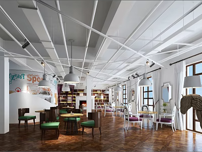 Modern Café Interior Design With White Ceiling Chandeliers Tables Chairs And Bookshelves 3d model